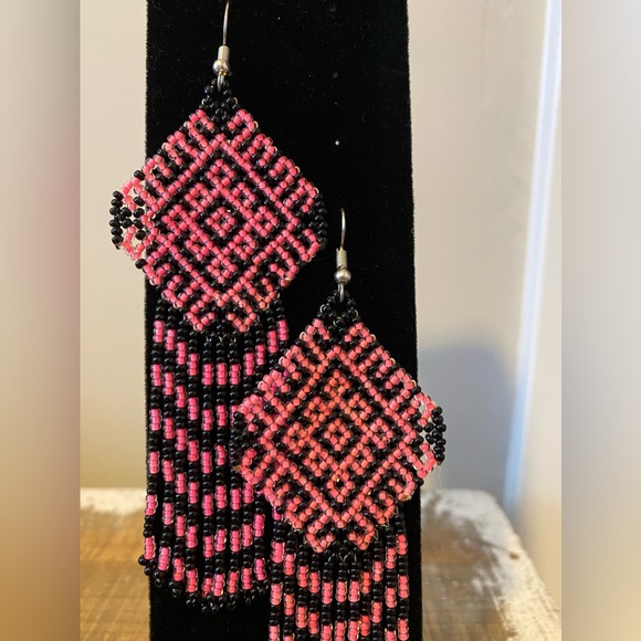 Boho Beaded Black and White Tassel Earrings - Picture 3 of 3